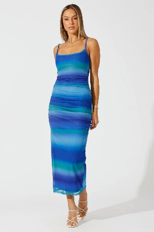 Multi Abstract Bodycon Maxi Dress Mesh