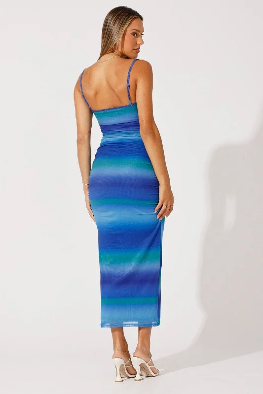 Multi Abstract Bodycon Maxi Dress Mesh