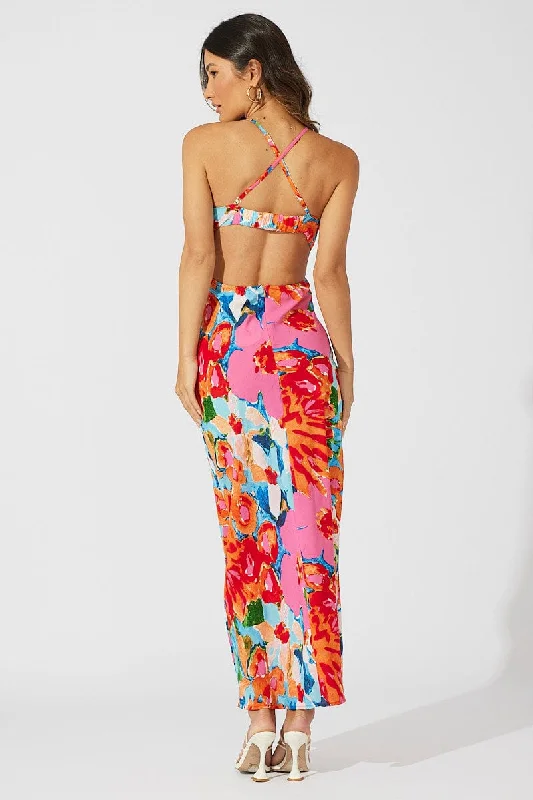 Multi Abstract Maxi Dress Abstract Floral Strappy Cut Out