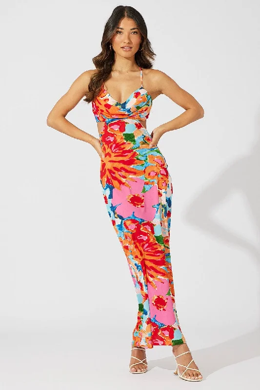 Multi Abstract Maxi Dress Abstract Floral Strappy Cut Out