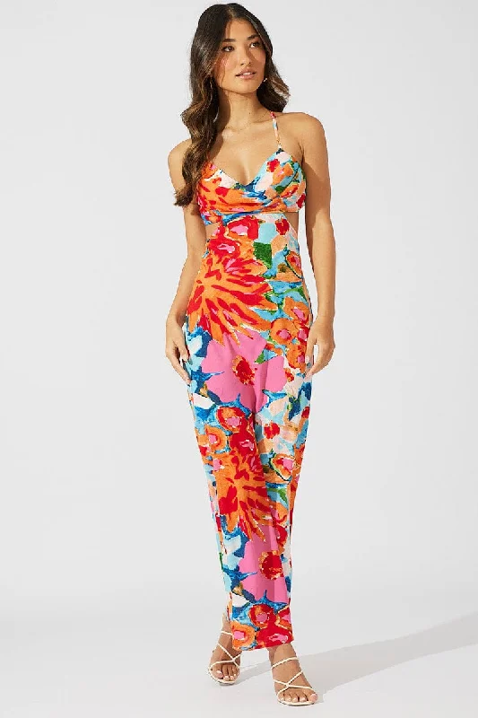 Multi Abstract Maxi Dress Abstract Floral Strappy Cut Out