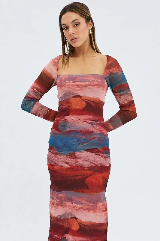 Multi Abstract Maxi Dress Long Sleeve Square Neck Mesh Bodycon