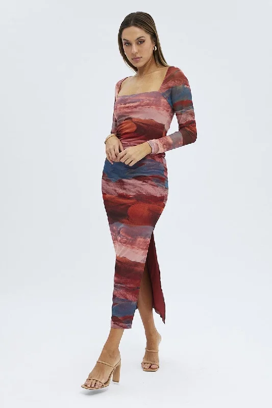 Multi Abstract Maxi Dress Long Sleeve Square Neck Mesh Bodycon