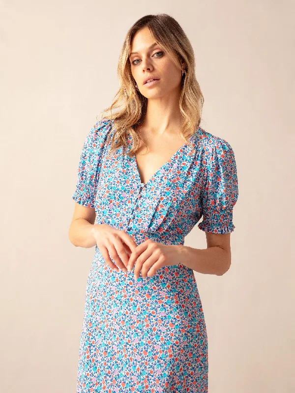 Multi Ditsy Print Shirred Cuff Midi Dress