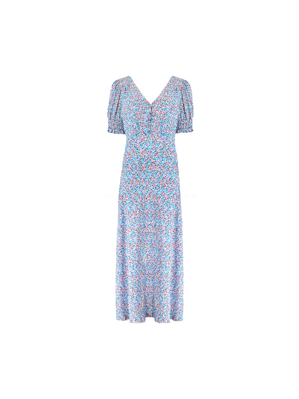 Multi Ditsy Print Shirred Cuff Midi Dress