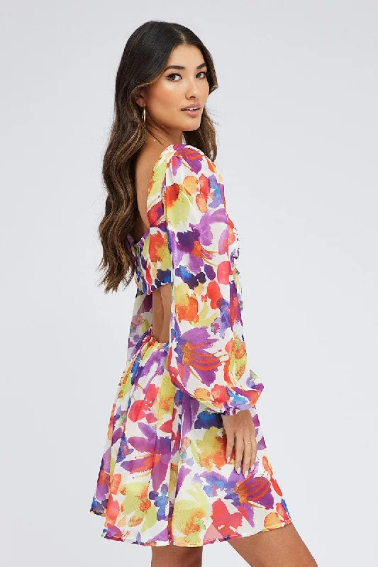 Multi Floral Dress Watercolour Print Ring Front Balloon Sleeve