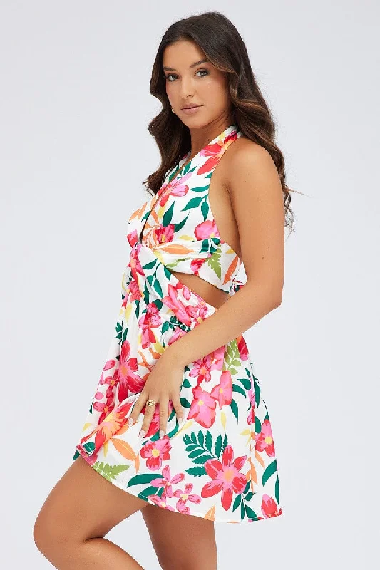 Multi Floral Halter Dress Gathered Cut Out Tie Back