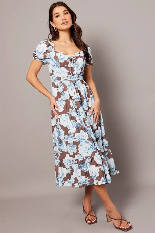 Multi Floral Maxi Dress Puff Sleeve