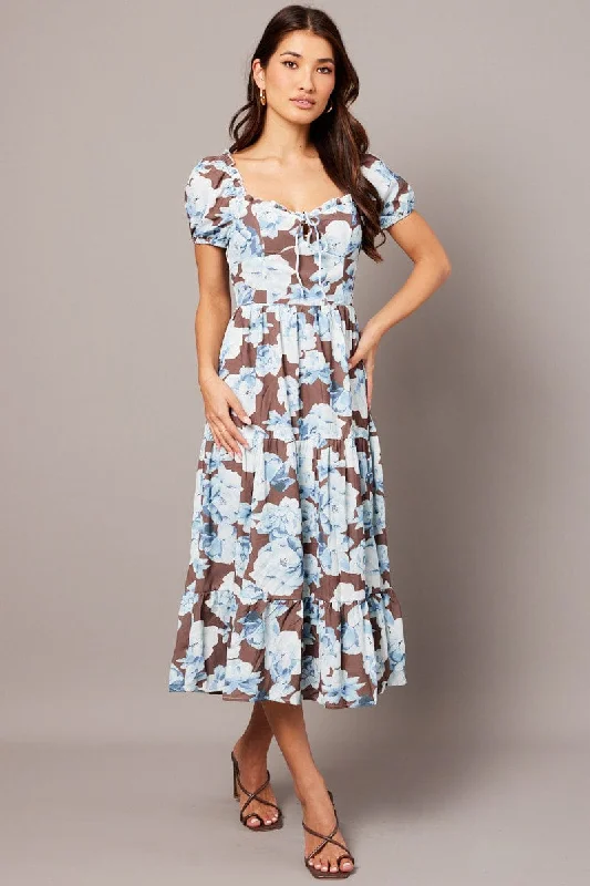 Multi Floral Maxi Dress Puff Sleeve