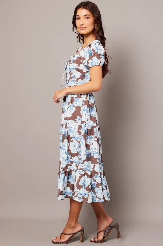 Multi Floral Maxi Dress Puff Sleeve