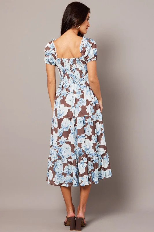 Multi Floral Maxi Dress Puff Sleeve