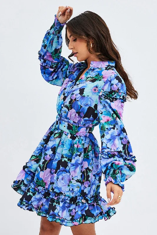 Multi Floral Ruffle Balloon Sleeve Button Skater Dress