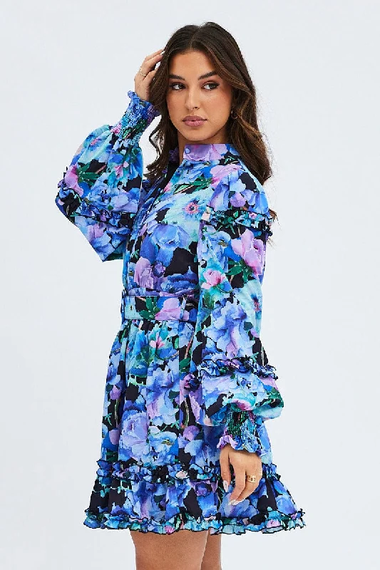 Multi Floral Ruffle Balloon Sleeve Button Skater Dress