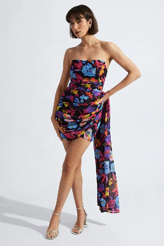 Multi Floral Sash Bandeau Draped Chiffon Dress