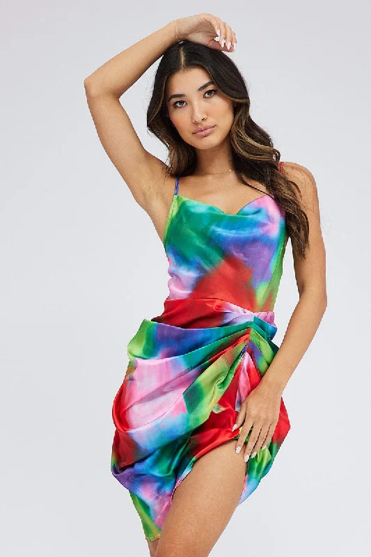 Multi Print Mini Dress Ruched Ombre Cowl Neck Satin