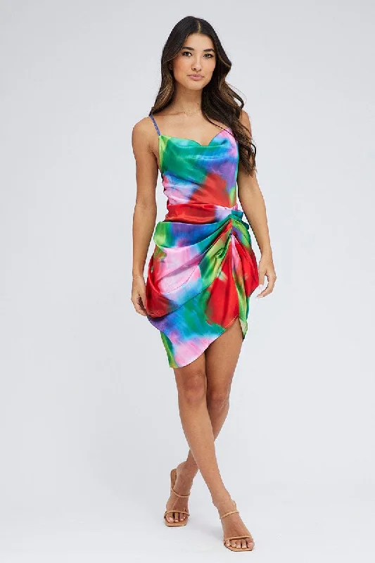 Multi Print Mini Dress Ruched Ombre Cowl Neck Satin