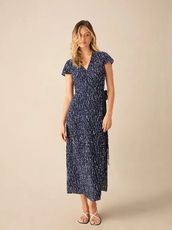 Navy Dash Print Wrap Midi Dress