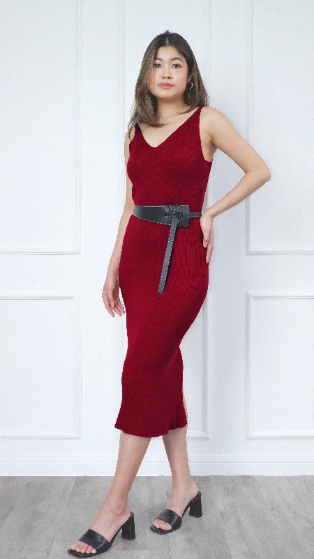 Olivia Sleeveless Deep-V Neck Yarn Knit Fitted Midi Dress