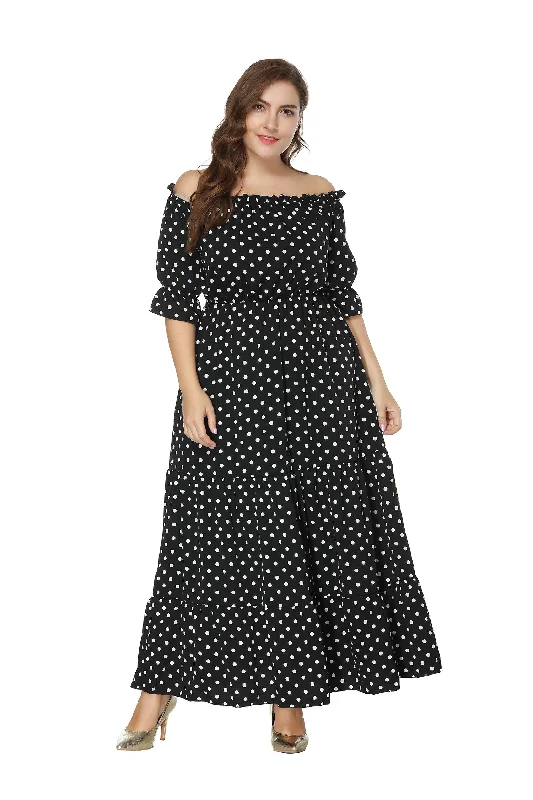 KittenAlarm - One-line Collar Plus Size Polka Dot Dress