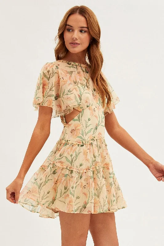 Orange Floral Fit And Flare Dress Short Sleeve Backless