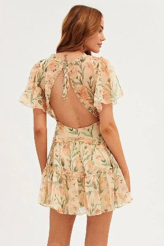 Orange Floral Fit And Flare Dress Short Sleeve Backless