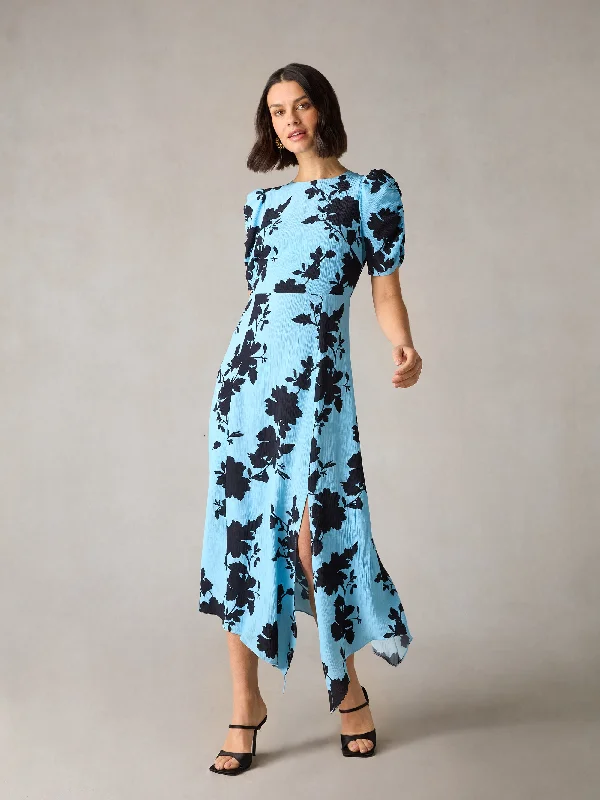 Petite Luna Blue Shadow Floral Print Midi Dress