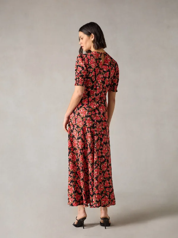 Petite Red Rose Print Ruched Front Midi Dress