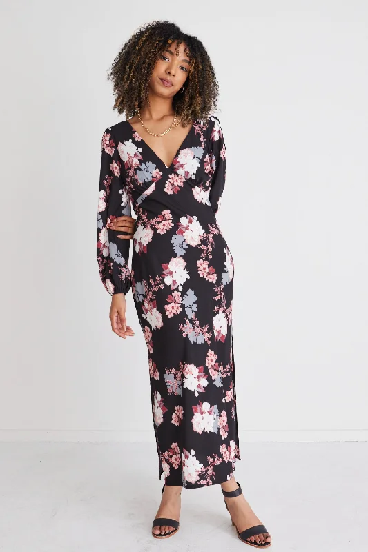 Phoenix Pink Vintage Floral Satin Ls Empire Bias Midi Dress