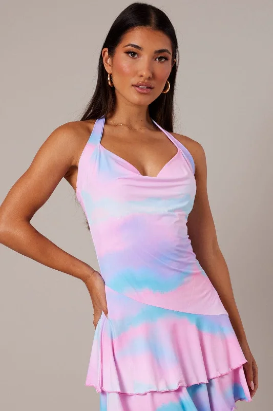 Pink Abstract Halter Dress Cowl Neck Layered Skater Dress