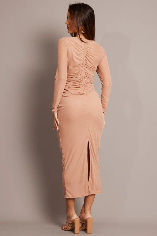 Pink Bodycon Dress Long Sleeve Mesh