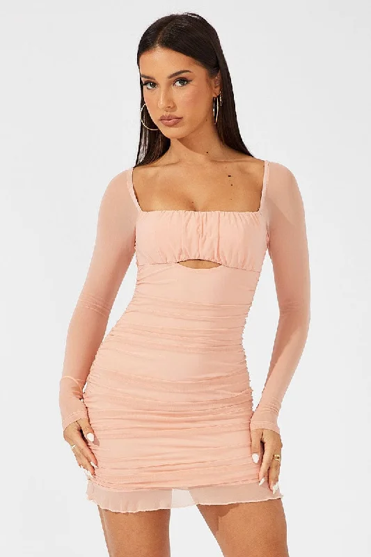 Pink Bodycon Dress Ruched Mesh