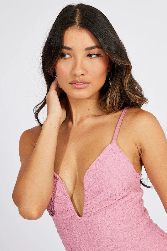 Pink Bodycon Dress Strappy Textured Fabric