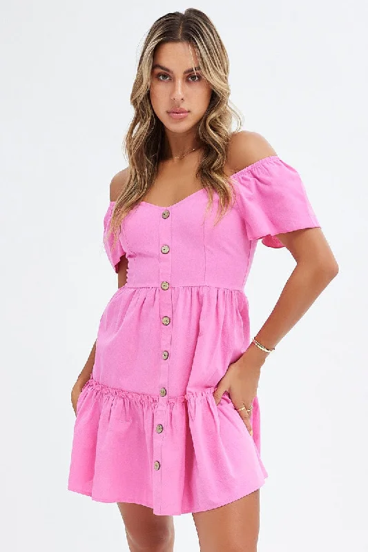 Pink Button Front Mini Swing Dress