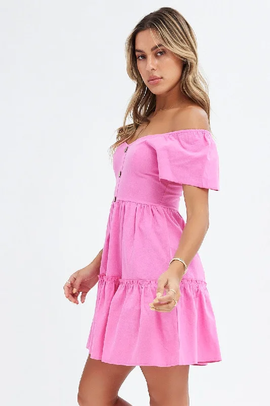 Pink Button Front Mini Swing Dress