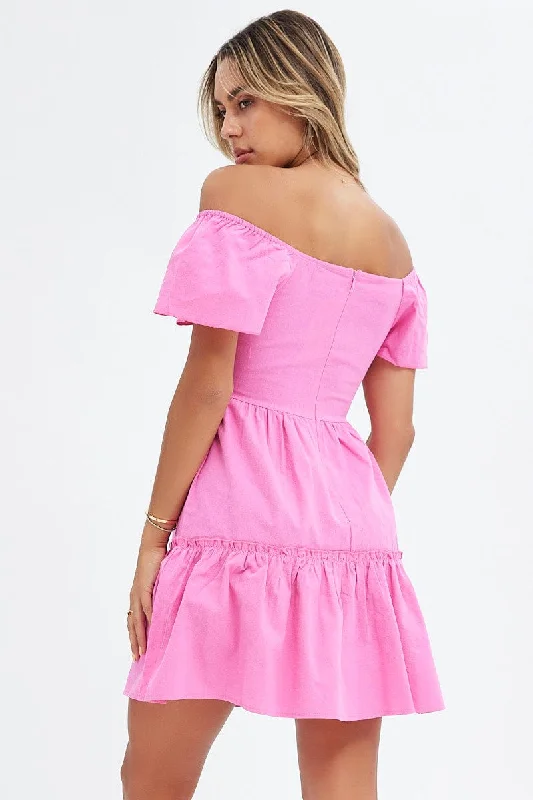 Pink Button Front Mini Swing Dress