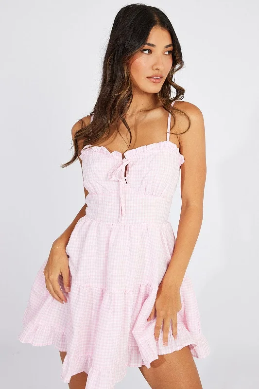 Pink Check Fit and Flare Dress Sleeveless Tiered