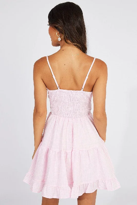 Pink Check Fit and Flare Dress Sleeveless Tiered