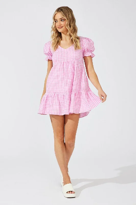 Pink Check Smock Dress Short Sleeve Tiered