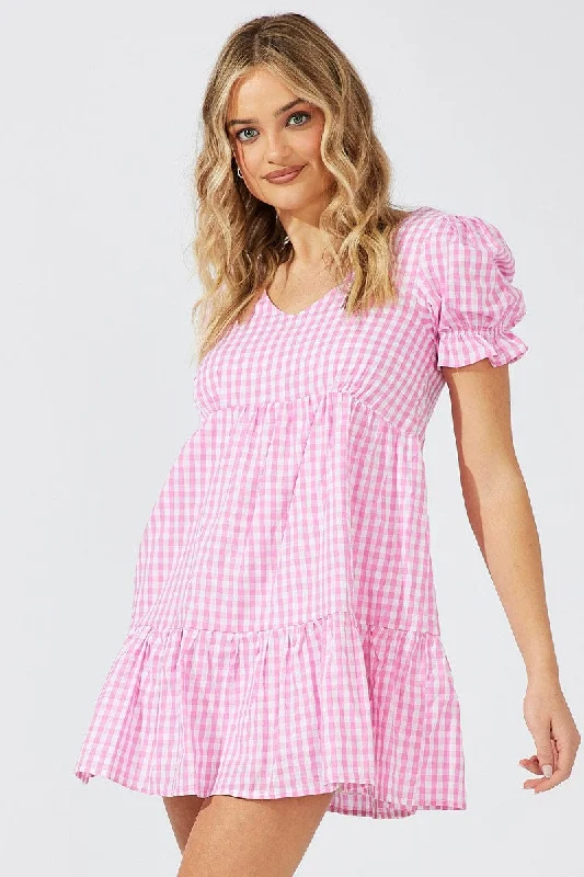 Pink Check Smock Dress Short Sleeve Tiered