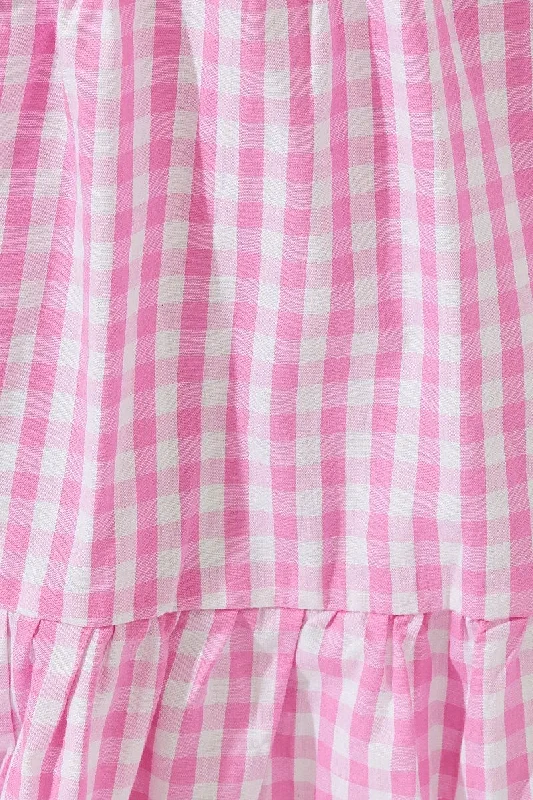 Pink Check Smock Dress Short Sleeve Tiered