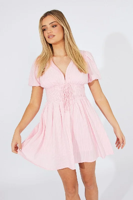 Pink Fit And Flare Dress Puff Sleeve