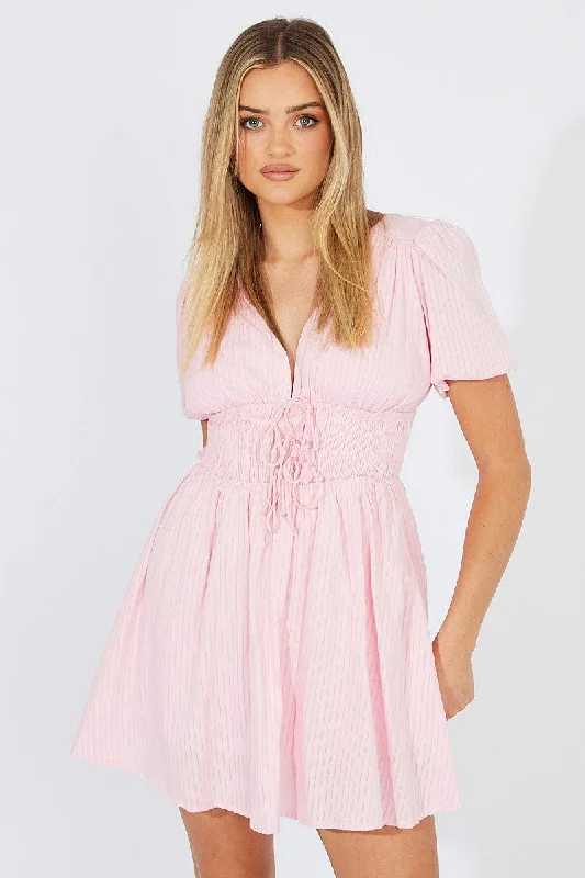 Pink Fit And Flare Dress Puff Sleeve