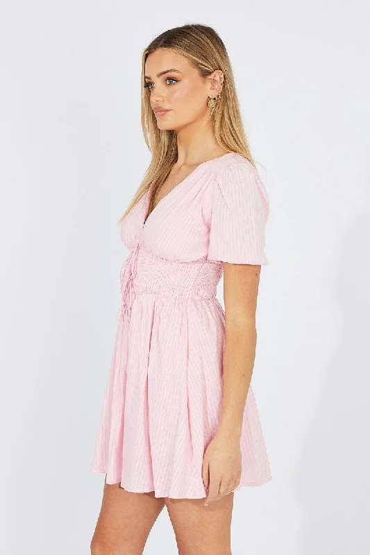 Pink Fit And Flare Dress Puff Sleeve