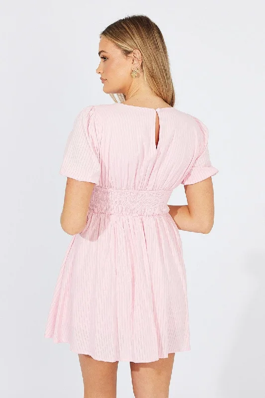 Pink Fit And Flare Dress Puff Sleeve