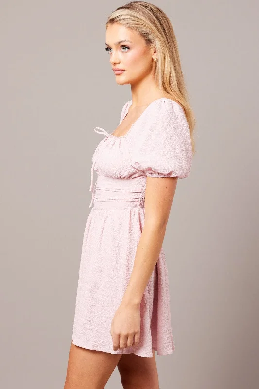 Pink Fit And Flare Dress Puff Sleeve