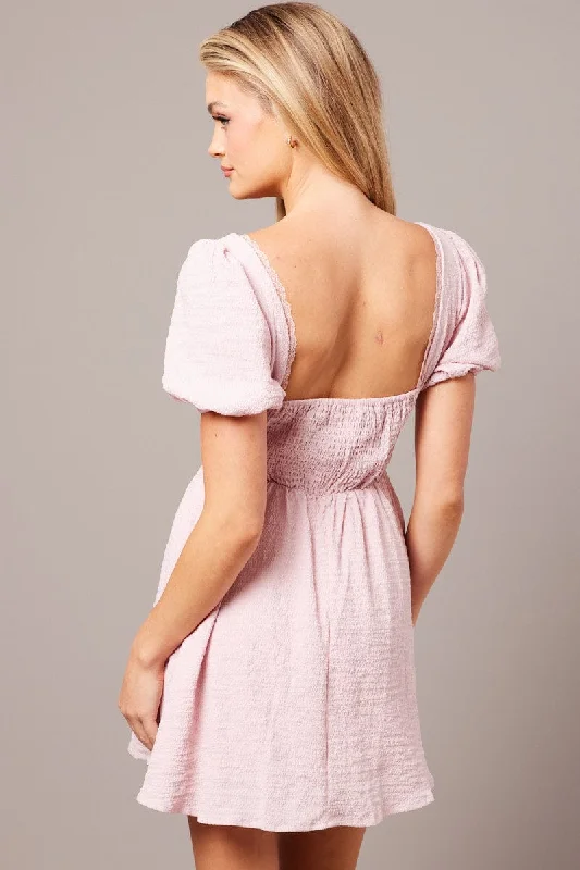 Pink Fit And Flare Dress Puff Sleeve