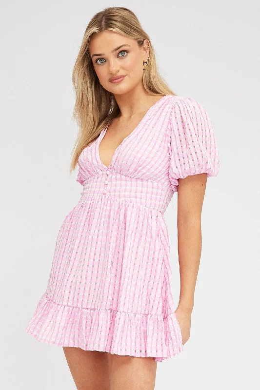 Pink Fit And Flare Dress Puff Sleeve Mini