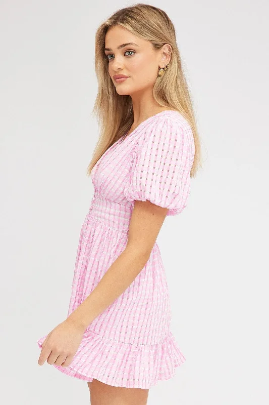 Pink Fit And Flare Dress Puff Sleeve Mini