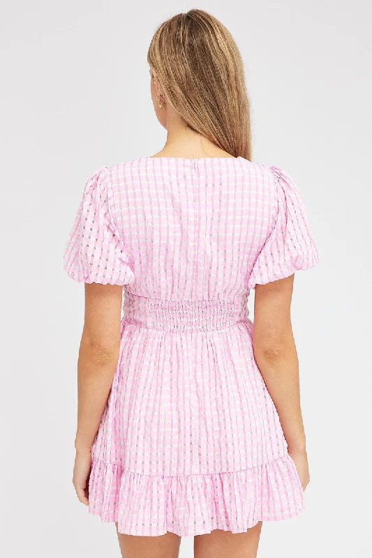 Pink Fit And Flare Dress Puff Sleeve Mini