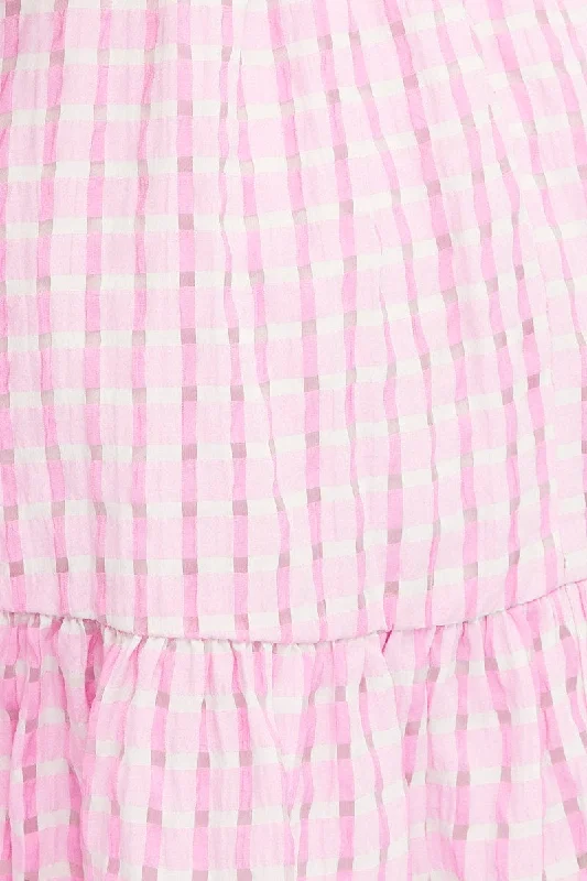 Pink Fit And Flare Dress Puff Sleeve Mini